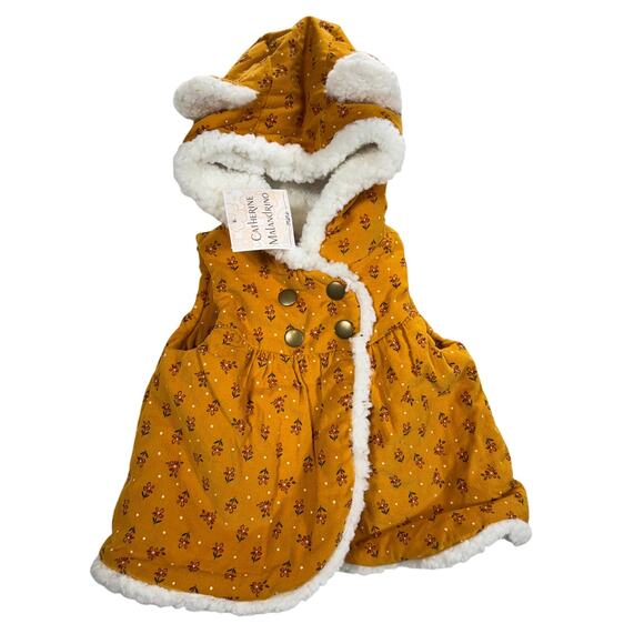 Catherine Malandrino Mini Baby Vest 3-6M Corduroy Faux Fur Hood Bear Ears Floral - Picture 1 of 7
